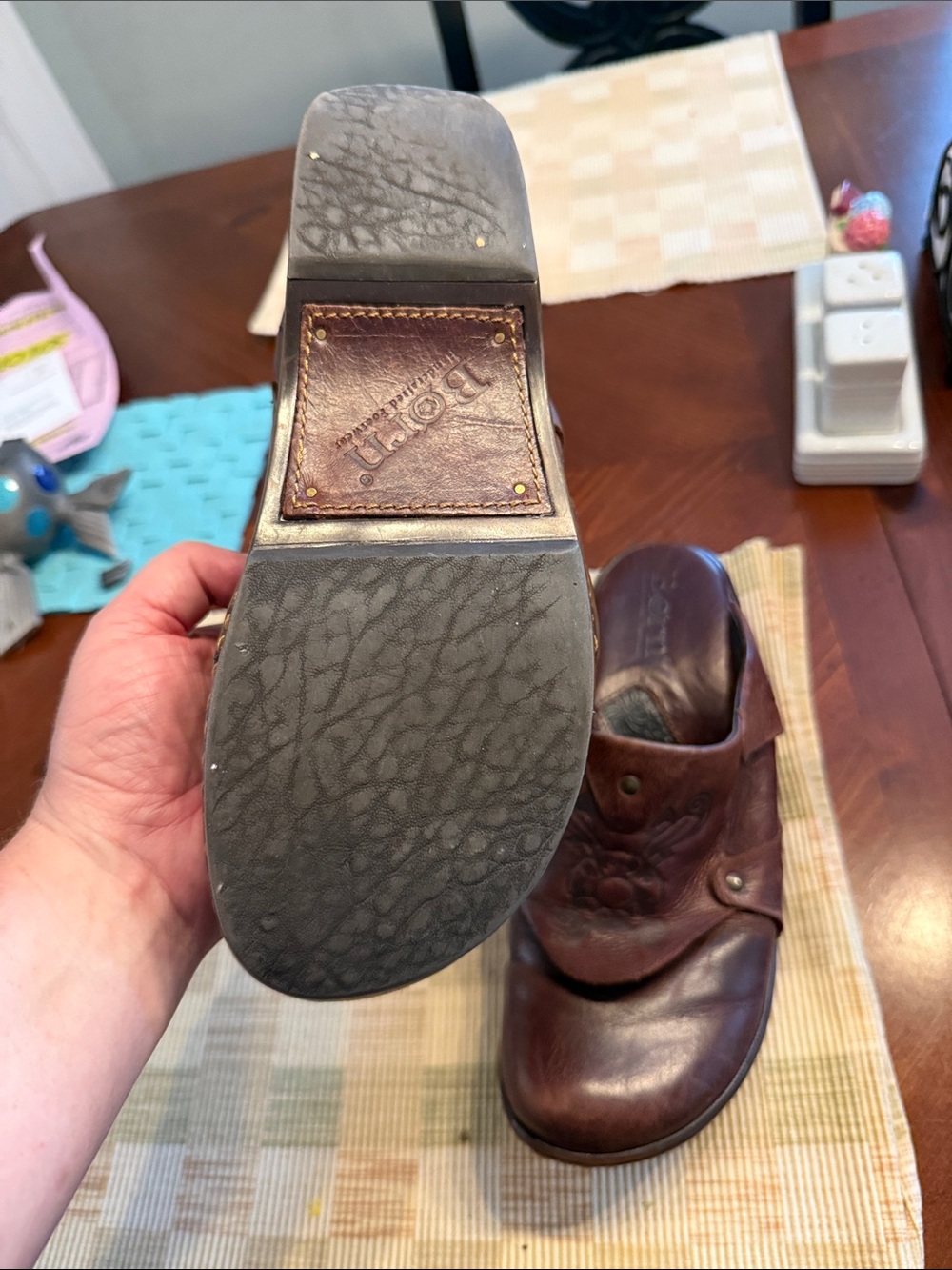 Born Brown Leather Women’s Slip-On Clogs with Floral Embossing - Picture 2 of 3